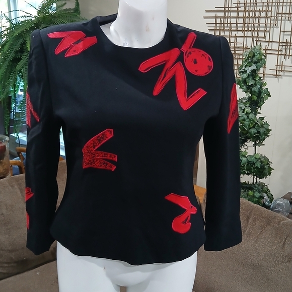 VTG 80’s GENE ROYE Black Top/Jacket Red Abstract Art Deco 100% Silk Fully Lined - Picture 7 of 13